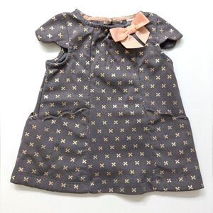 Catherine Malandrino | Gray and Gold Polka-Dot Dress with Scallop Pockets & Bow